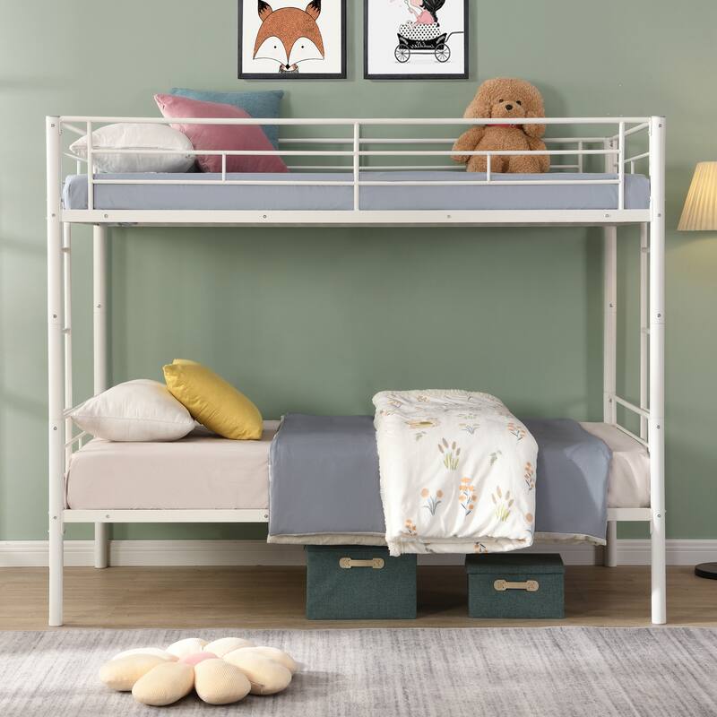Bunk Bed Twin Over Twin, Heavy Duty Metal Bed w/Ladder and Full-Length Guardrail, Under-Bed Storage Space, No Box Spring Needed - White