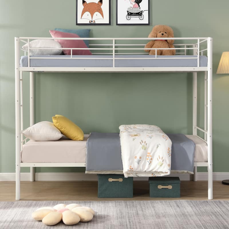 Full Over Full Metal Bunk Bed with Trundle, No Box Spring Required, Easy Assembly, Sturdy Steel Frame - White - Twin