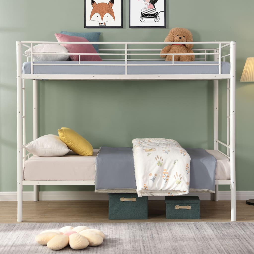 White Metal Bunk Bed with Sturdy Steel Frame, Twin over Twin Design, Easy Assembly, No Box Spring Needed