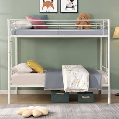 White Twin over Twin Metal Bunk Bed with Ladder