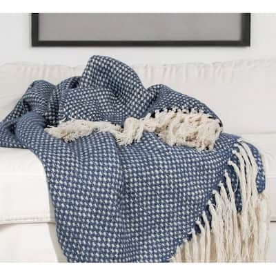 HomeRoots 50" X 60" Navy and Ivory Woven Cotton Polka Dots Throw Blanket with Tassels