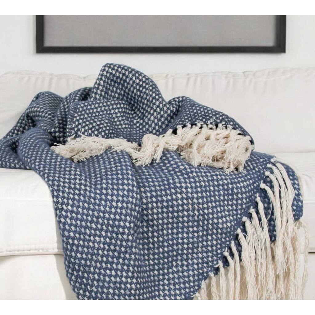 HomeRoots 50" X 60" Navy and Ivory Woven Cotton Polka Dots Throw Blanket with Tassels