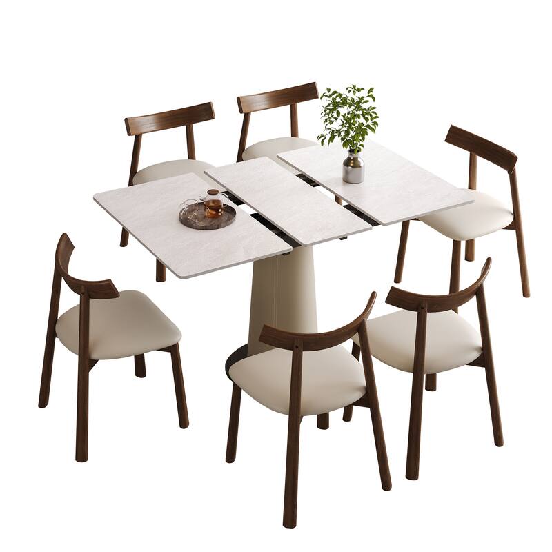 Roomfitters Retractable Rock Slab Dining Table Set, Modern Expandable Square Table with 6 Chairs, White