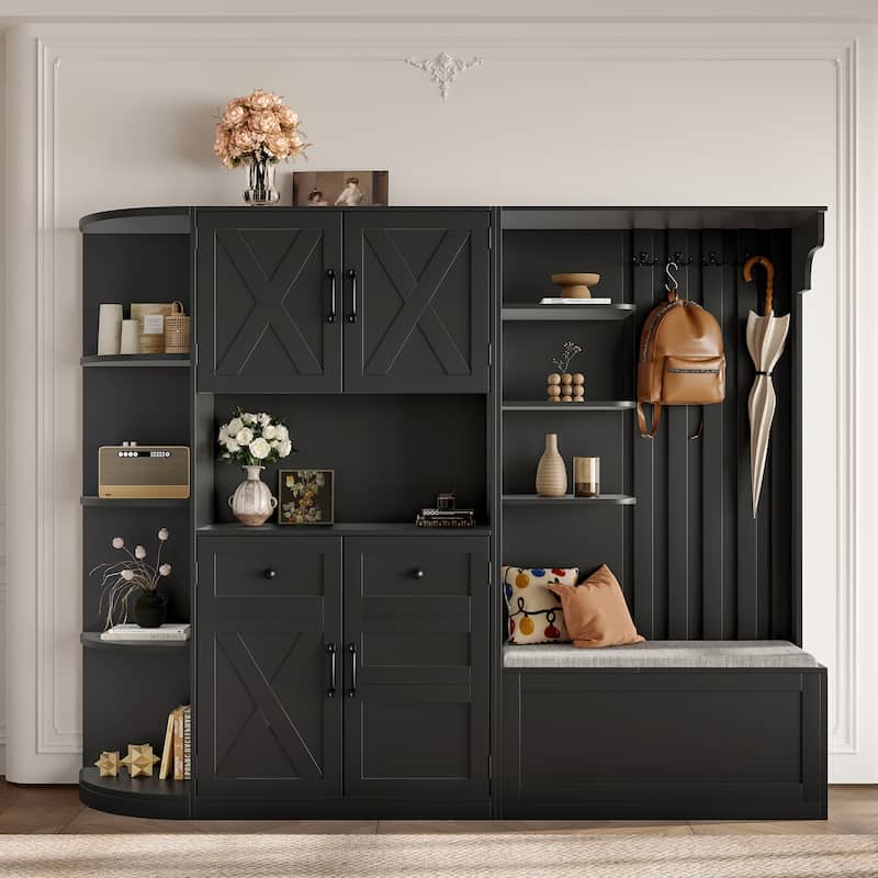 Hallway Cabinet Set with Shoe Storage & Coat Hooks, L-Shaped Entryway Storage Cabinet with Hidden Compartments