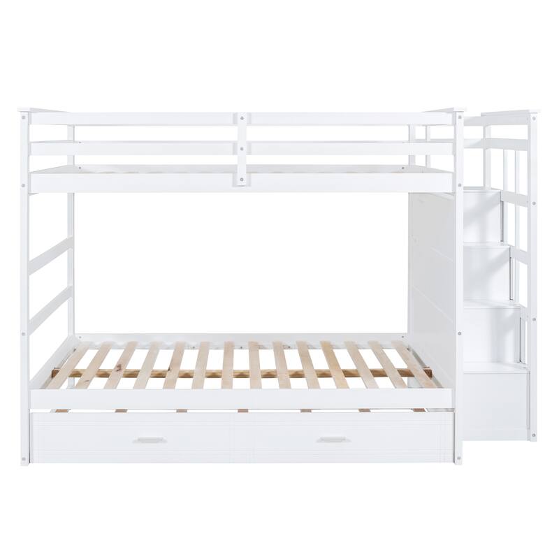 Wooden Full Over Full Bunk Bed Frame with Trundle, Side Storage Drawers, Staircase and Safety Guardrails, Space-Saving Design