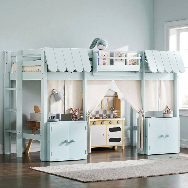 Twin/Full Loft Bed with Bookshelf, Curtain Playhouse, Storage Shelf, Cottage Roof Design and Safety Guardrails for Kids