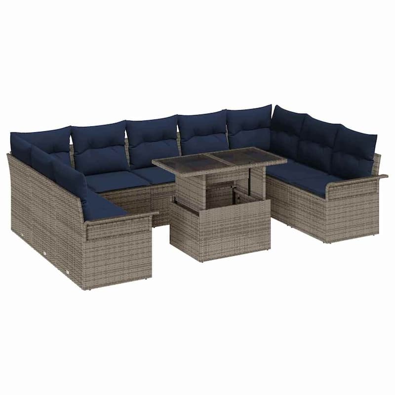 vidaXL 10 Garden Sofa Set with Cushions Black/Brown/Grey Poly Rattan - 113.8 x 73.8 x 27.2