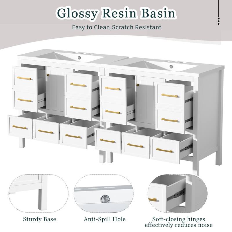 Roomfitters 72" Freestanding Bathroom Vanity with Resin Sink, Wood Double Storage Cabinet with Soft Close Drawers