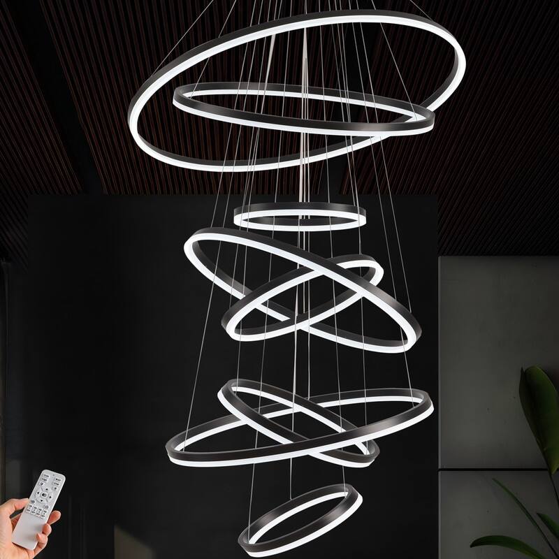 Modern Ring LED Chandelier Ring Adjustable Ceiling Light with Remote Control for High Ceilings - 8-ring-31.49in - Black