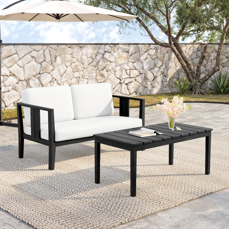 Teak Wood Water Resistant Outdoor Loveseat and Coffee Table Set (Set of 2) - Black frame - Beige/Black