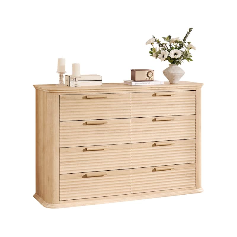 Fluted 8 Drawer Dresser, 52" Wide Modern Wood Dresser for Bedroom, Chest of Drawers with Curved Profile Design - Oak