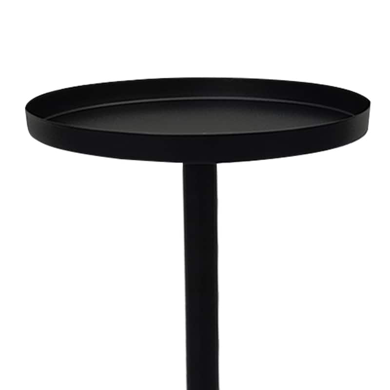 Ara 22 Inch Side End Table, Vintage Sleek Pillar Base, Round Tray Top Matte Black