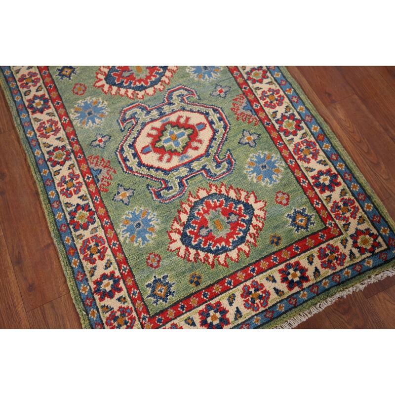 Green Geometric Kazak Oriental Foyer Rug Handmade Wool Carpet - 2'1" x 2'11"