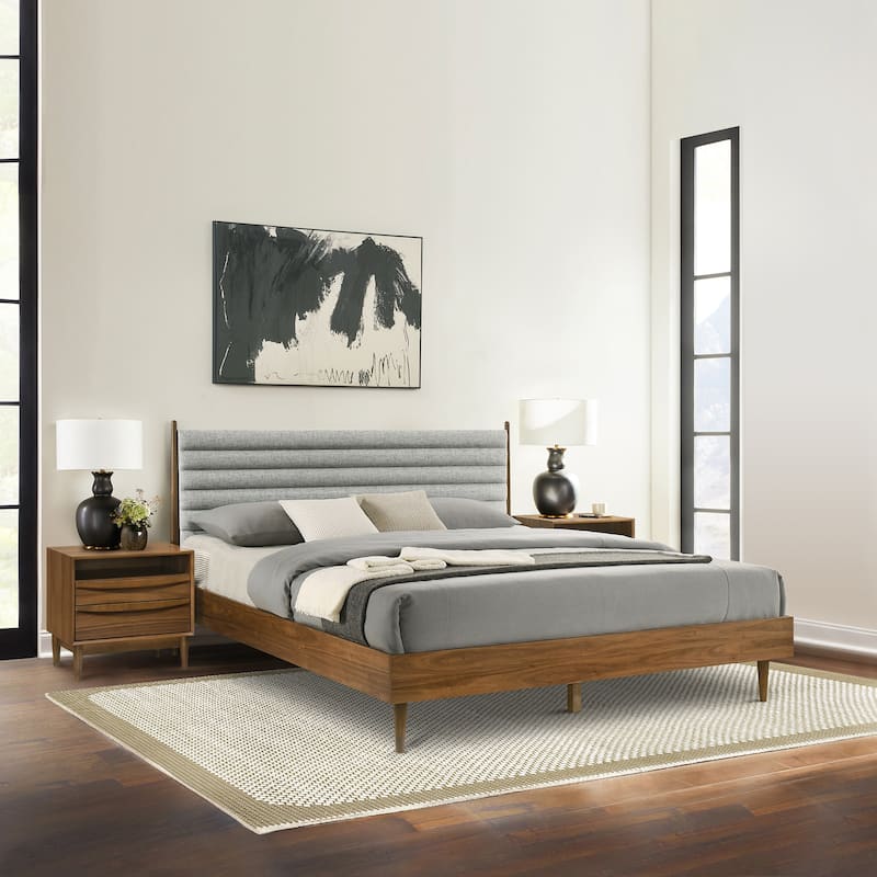 Artemio Black or Walnut Wood 3 Piece Bedroom Set with Grey Upholstered Headboard - Walnut - King