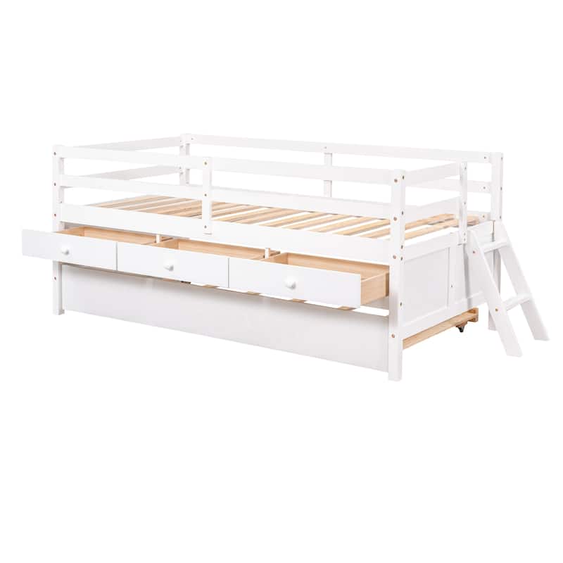 Solid Wood Low Bed with Full Safety Fence, Climbing ladder,Storage Drawers and Trundle