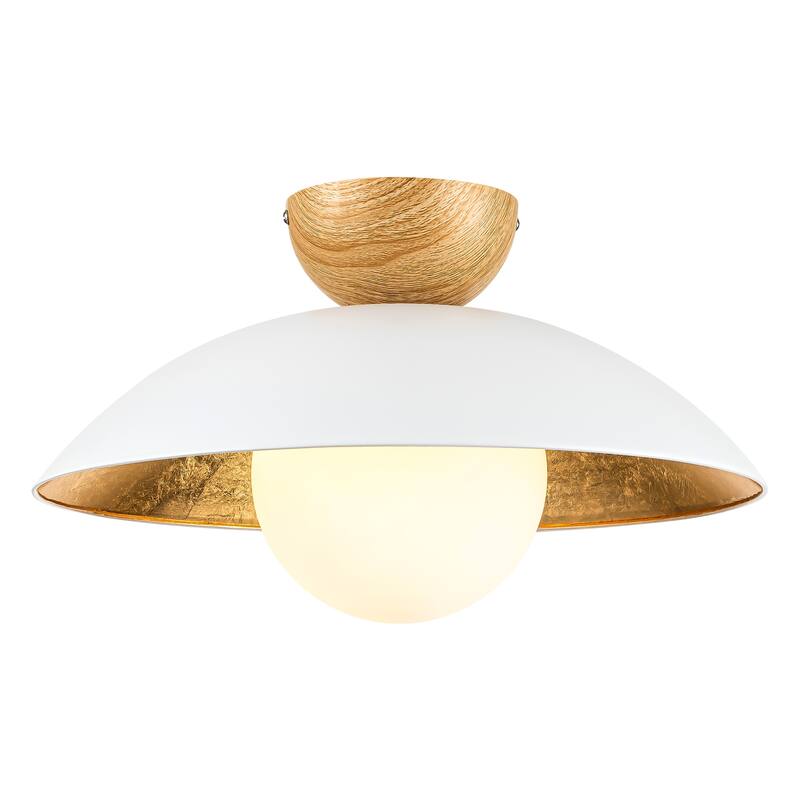 14.5 in. 1-Light Black/White Finish Wood Gold Leaf Dome Semi-Flush Mount Light with Opal Glass Globe