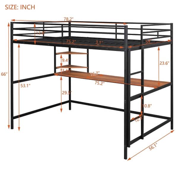 dimension image slide 0 of 2, Full Metal Loft Bed with Desk, Shelve, Ladder and Guardrail, White