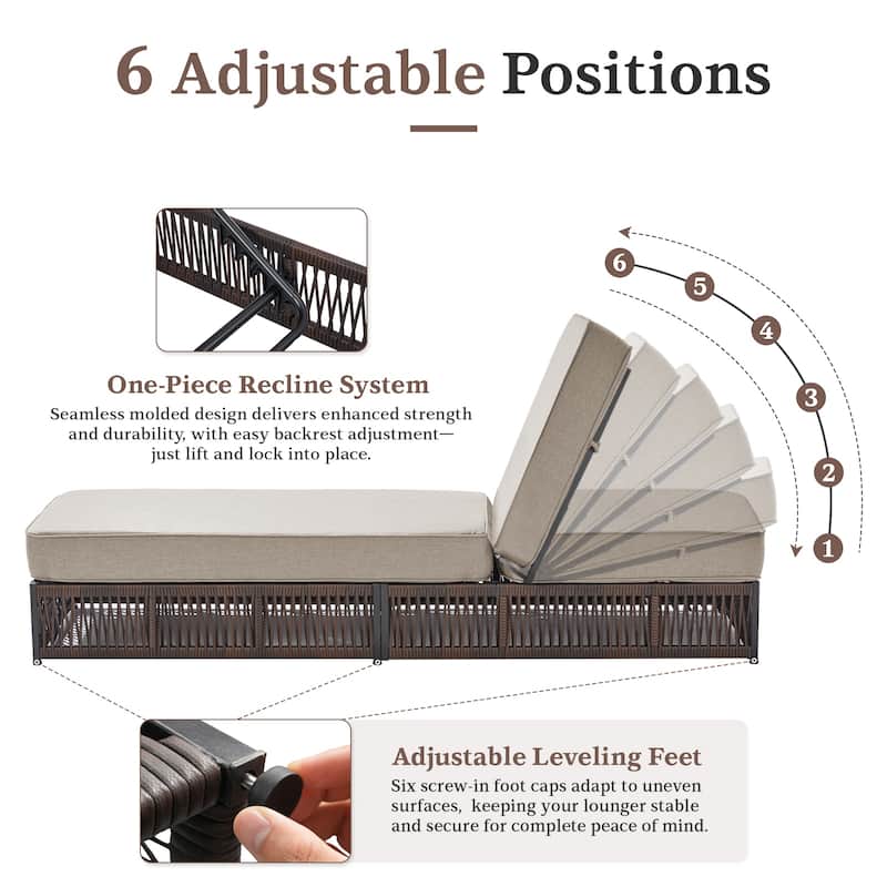 Gymojoy Outdoor Patio Chaise Lounge Chair, Luxury Rattan Recliner with 6-Position Backrest & 5-Inch Thick Cushions Set of 2