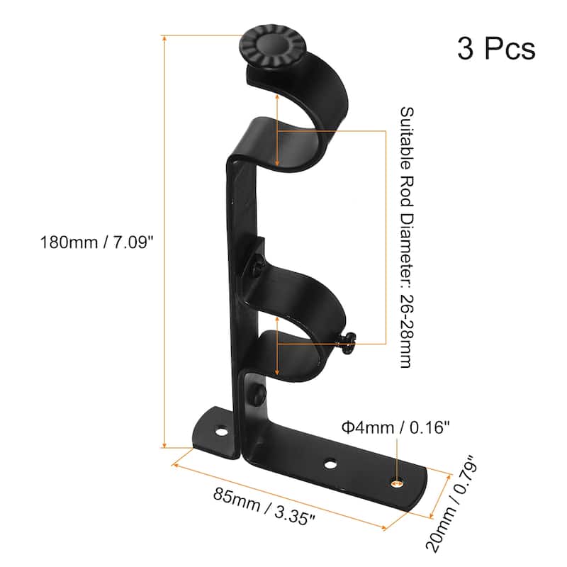 Curtain Rod Brackets, Curtain Rods Double Holder Fit for 1-1.1 Inch - Black - 3Pcs