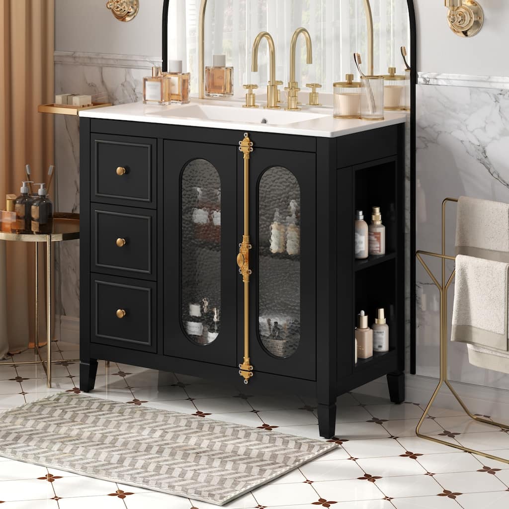 Bathroom Vanity with Sink, Freestanding Bathroom Storage Cabinet, Bathroom Vanity Set with 2 Soft Close Glass Doors & 3 Drawers