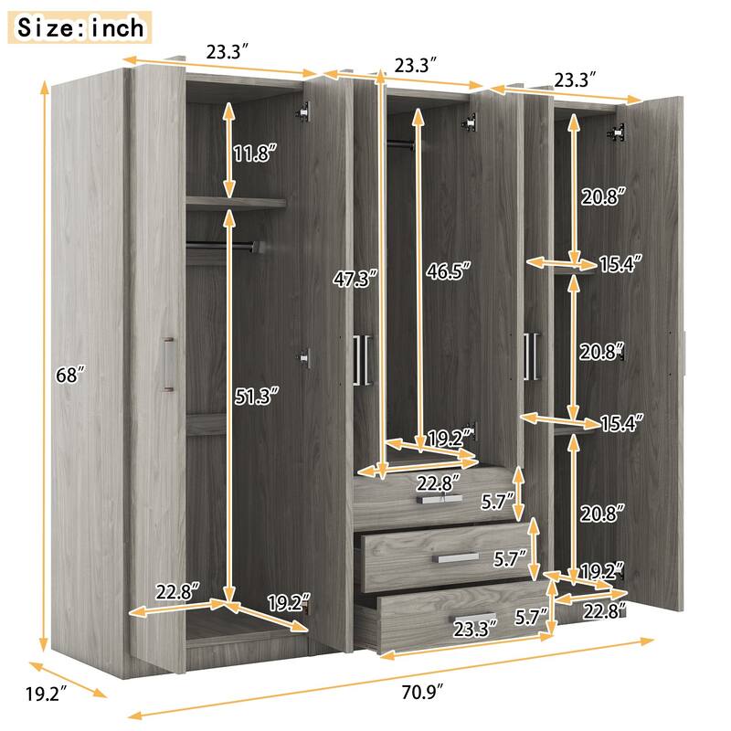 Modern 6-Door Wooden Wardrobe Armoire with Shelves, Drawers, and Locking Storage for Bedroom Use