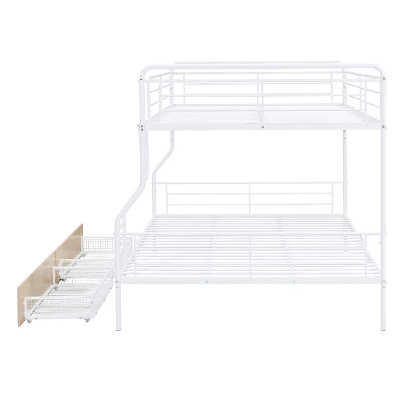 Full XL Over Queen Convertible Metal Bunk Bed Frame with 2 Drawers