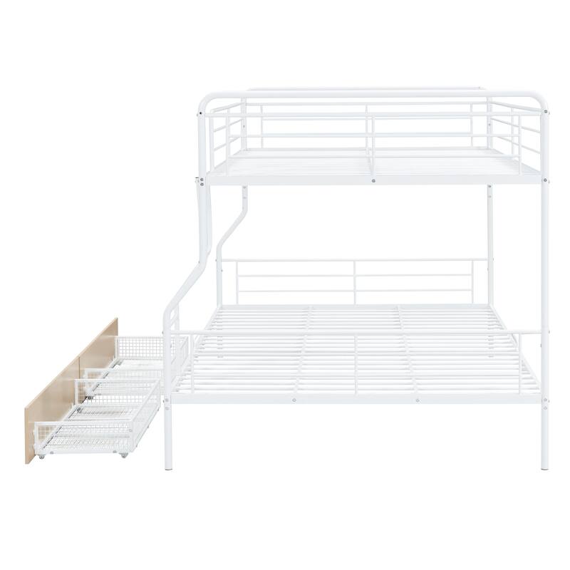 White Full XL Over Queen Metal Bunk Bed with 2 Drawers, Sturdy Iron Frame, Space-Saving Design