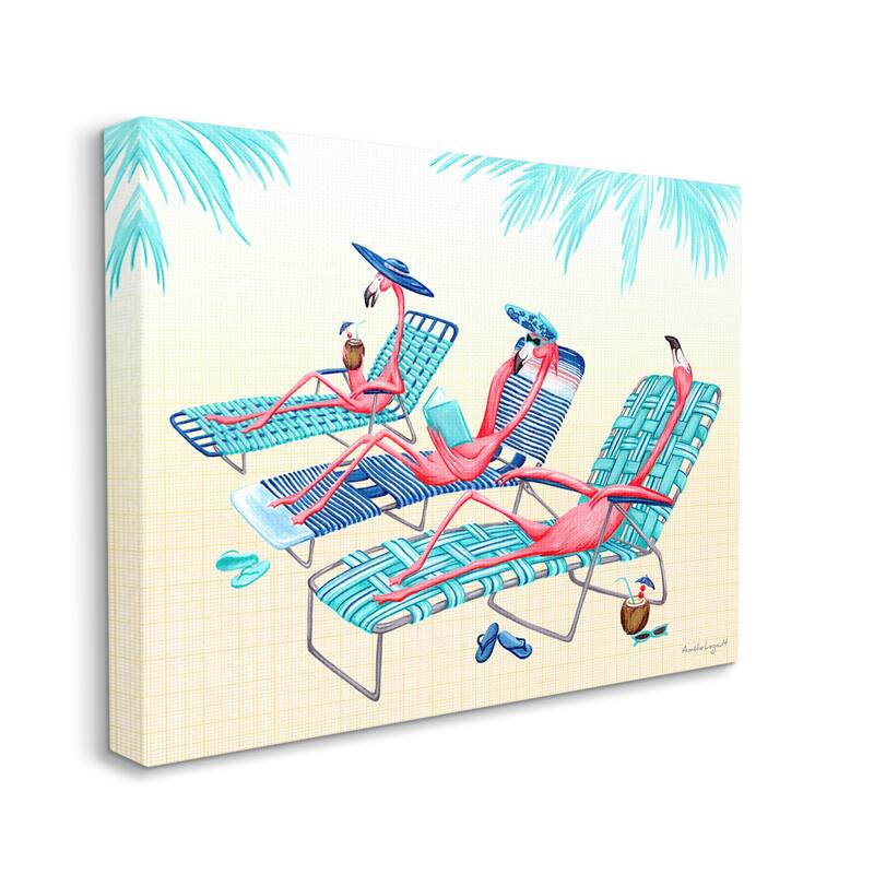 Stupell Pink Flamingos Lounging Beach Chairs Tropical Scene Canvas Wall Art, Design by Amelie Legault