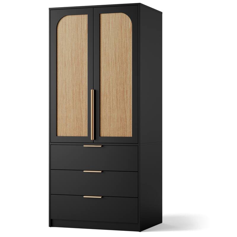 69.5" Armoire Wardrobe Closet with Rattan Doors, 3 Drawers & Hanging Rod, Wooden Storage Cabinet for Bedroom - Black