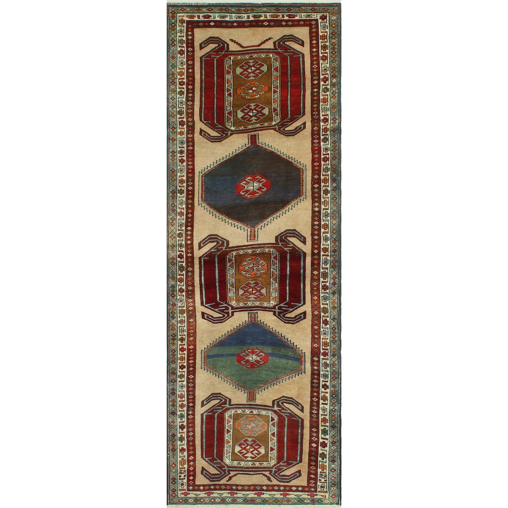 Fine Vintage Distressed Bamdad Beige/Burgundy Runner - 3'9" x 11'9"