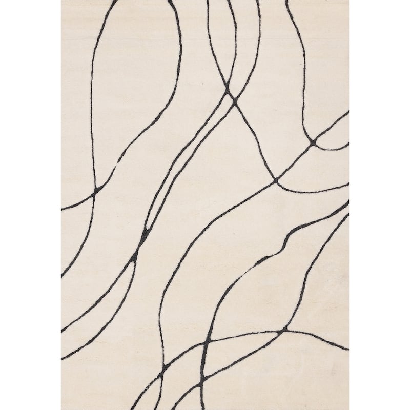 White Charcoal Wavy Lines Soft Textured Rug