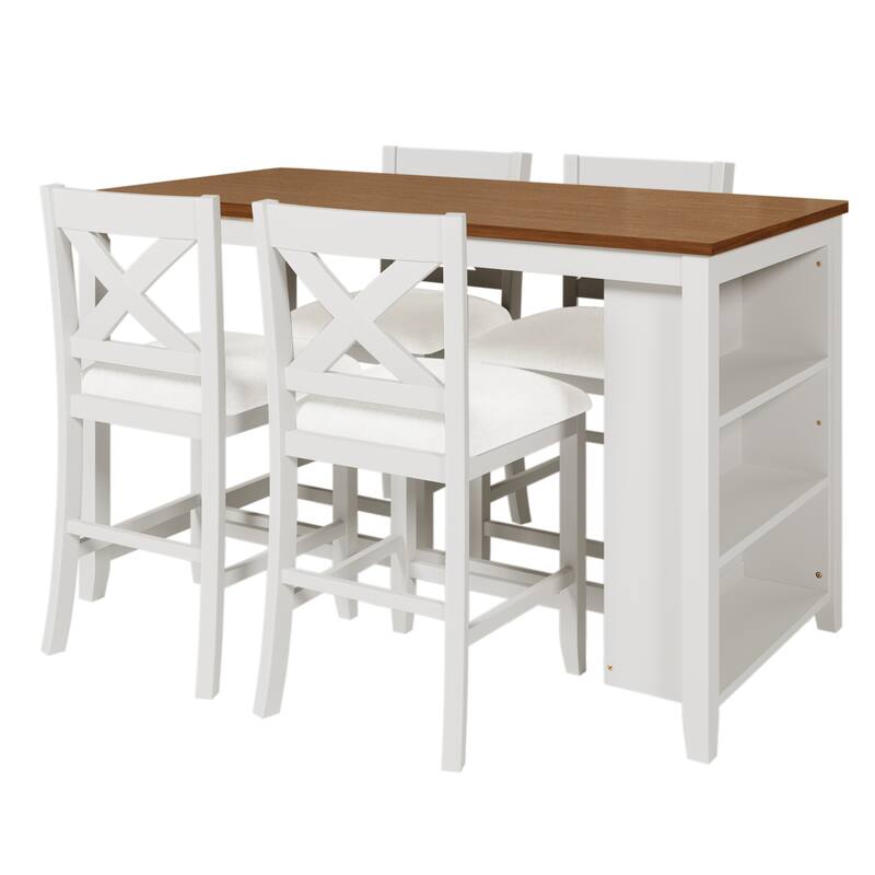 Rustic Farmhouse 5-Piece Counter Height Dining Table Set with Four Padded Chairs and Functional Storage