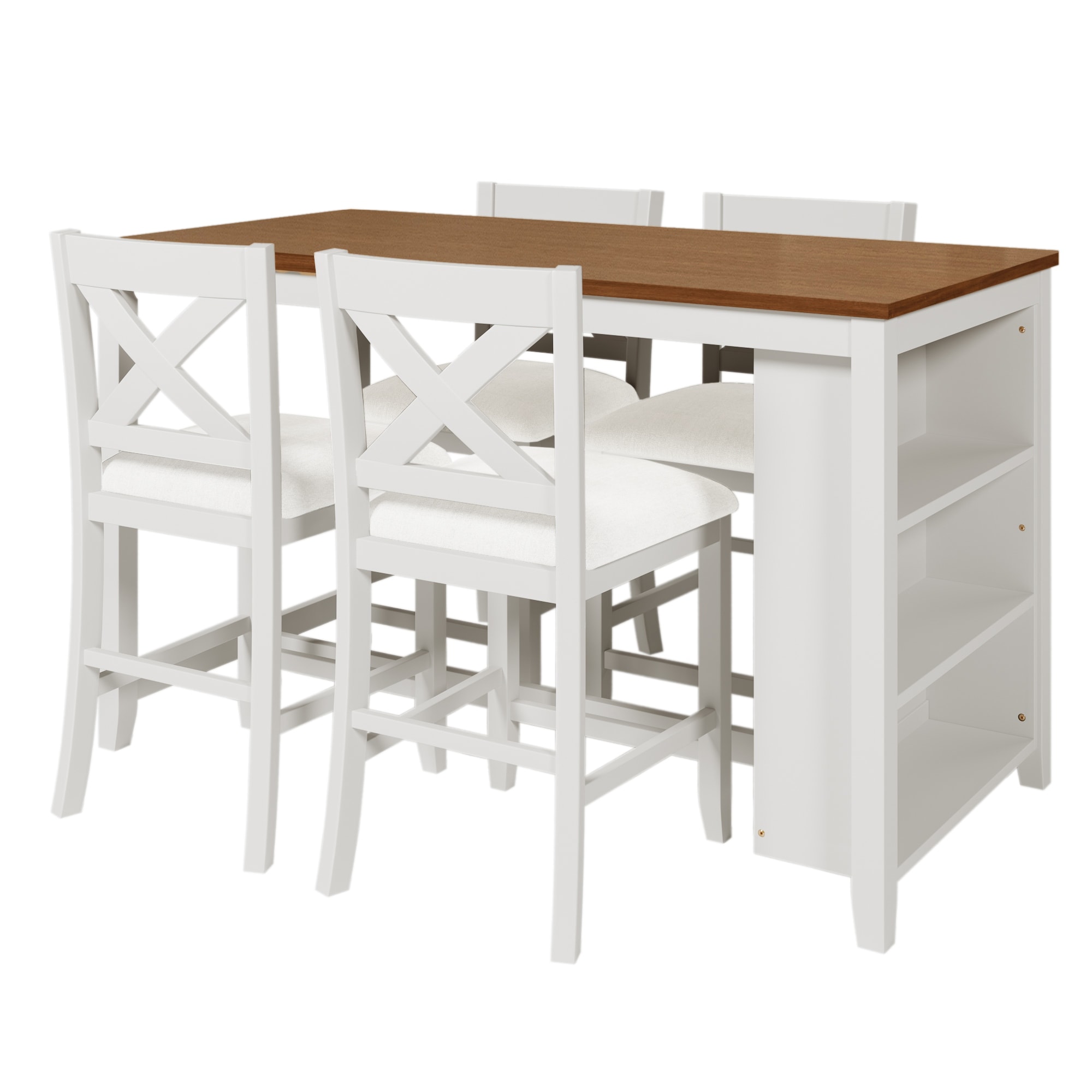 White 5 Piece Rustic Dining Table Set with 4 Cushioned Chairs