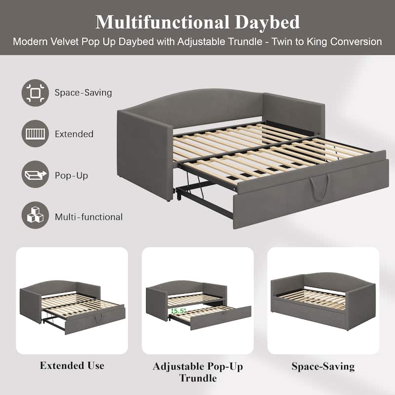 GDFStudio - Twin Size Daybed with Extended Pop Up Trundle, Upholstered Velvet Sofa Bed, Space