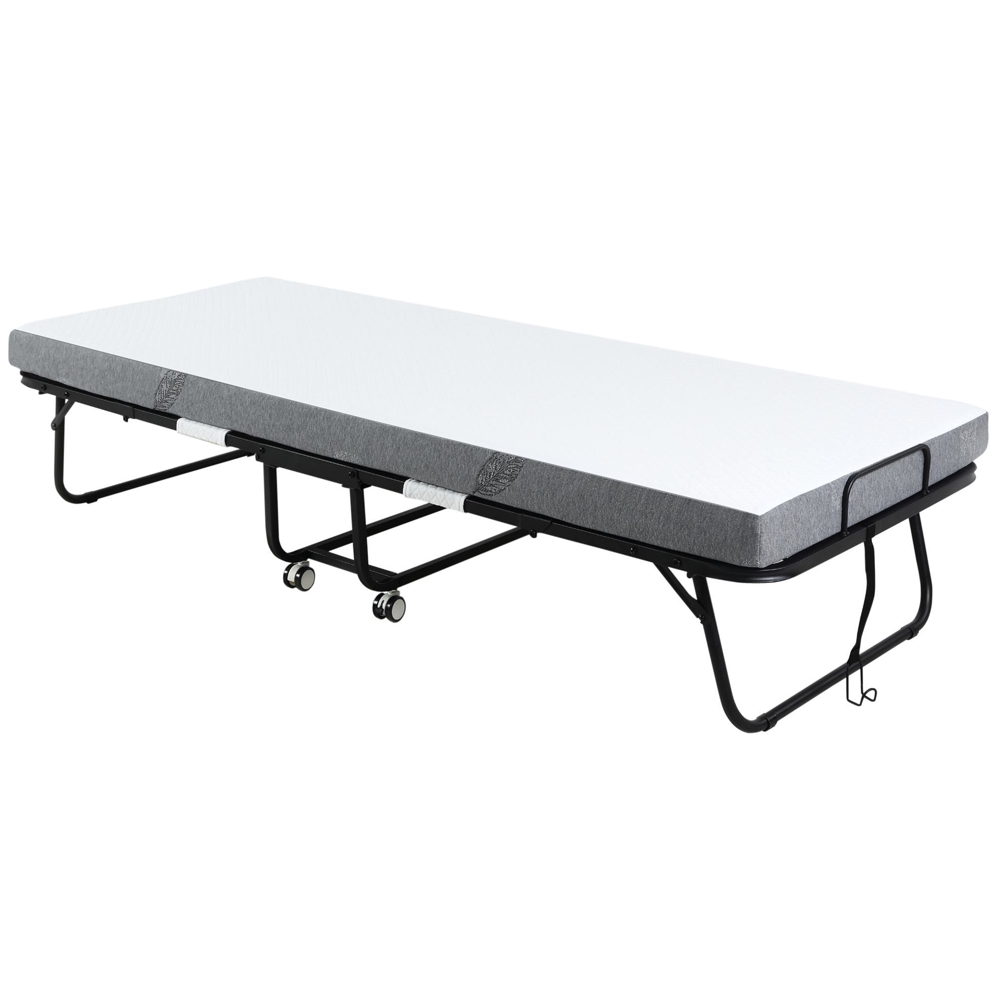 Rollaway Bed Folding Bed with 4 Mattress Portable Foldable Guest Bed with Sturdy Metal Frame and Wheels White