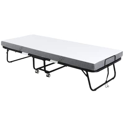 Twin Size Steel Foldable Bed with 4" Mattress and Wheels