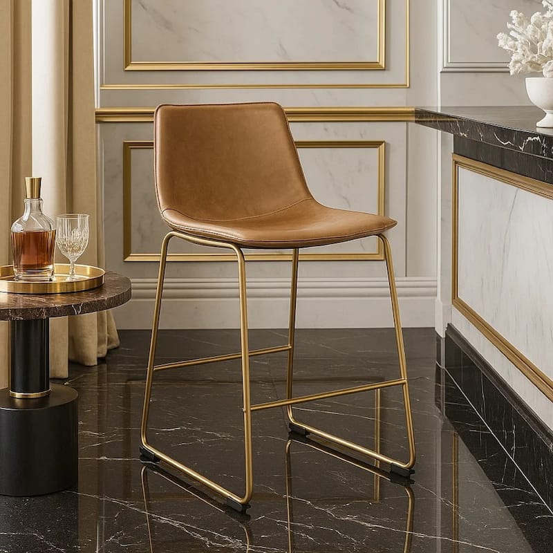 Cia Tall Barstool Chair Set of 2, Toast Brown Bucket Faux Leather Seat