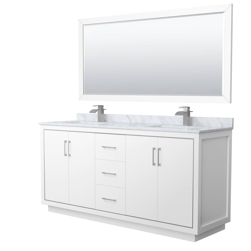 Icon Double Vanity Set, White Carrara Marble Top, 70-Inch Mirror - White, Nickel Trim, White Carrara Marble Top