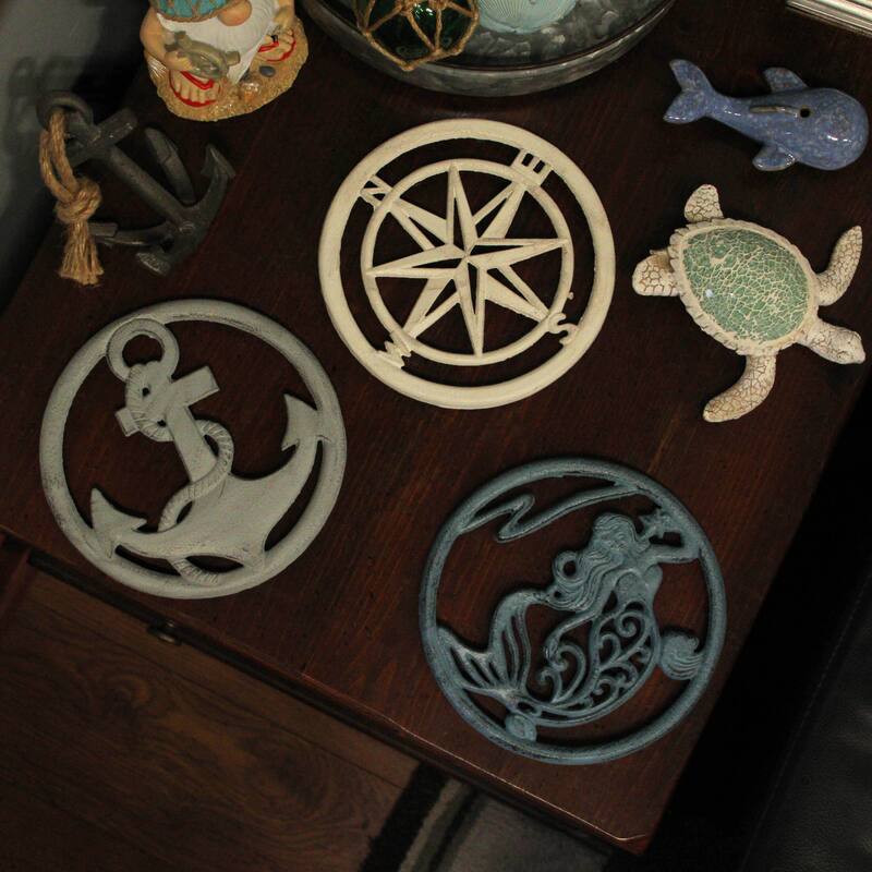 Zeckos Cast Iron Mermaid Anchor Compass Rose Kitchen Trivet (Set Of 3) - 0.75 X 7.75 X 7.75 inches