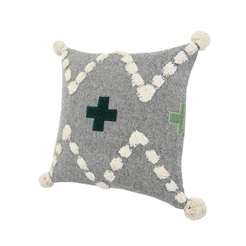 Hand-Stitched Swiss Cross Cotton Throw Pillow Cover - 20" - Gray and Green