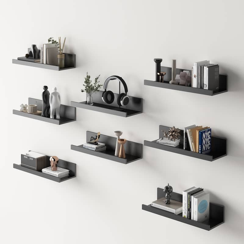 Homy Casa U-Shaped Wall-Mounted Floating Shelf Set of 8, Black & BR