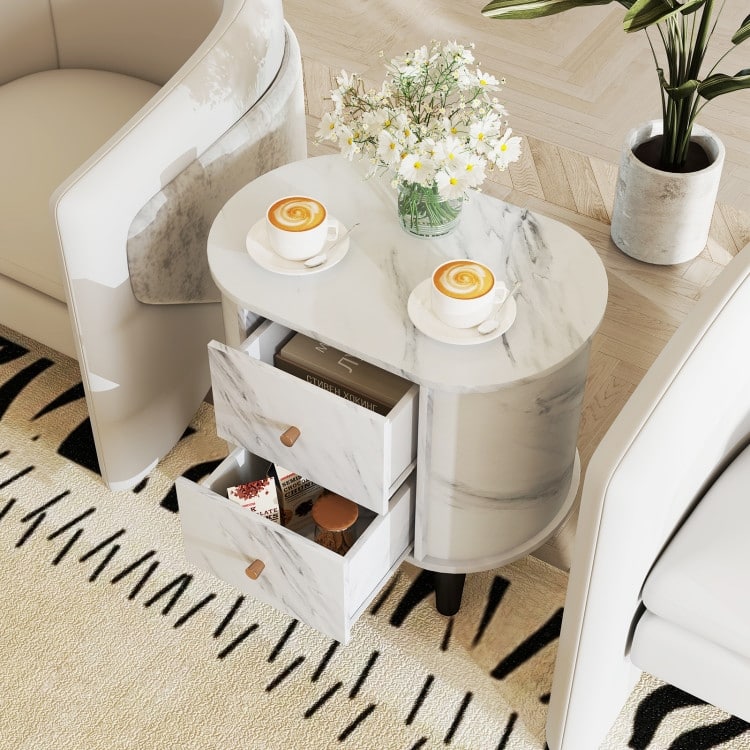 White Nightstand with 2 Drawers Faux Marble Top Oval Design and Elevated Support Legs
