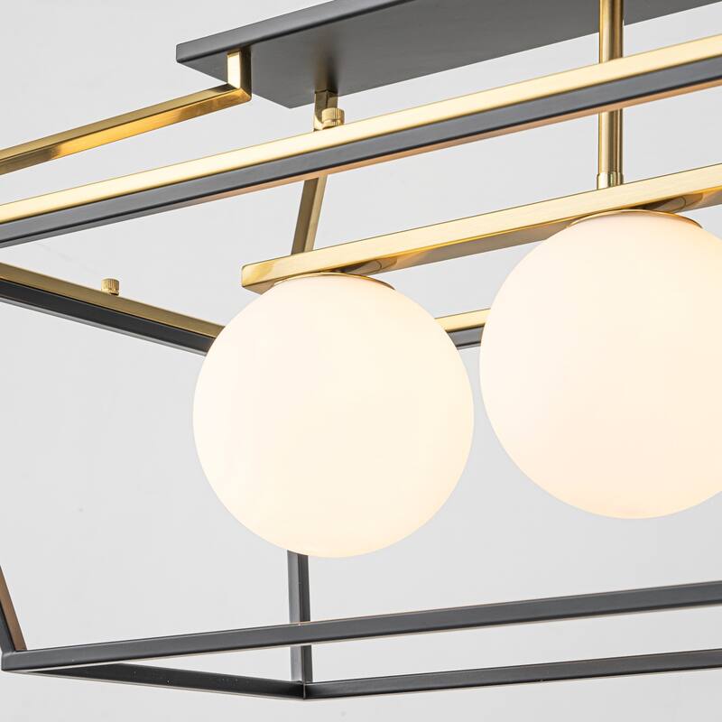 5-Light Modern Linear Chandelier in Matte Black and Brass Finish with Milky White Glass Globes for Dining Room or Kitchen Island