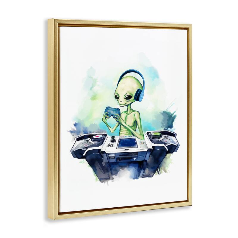 Stupell Tech Alien Playing Video Games Framed Floater Canvas Wall Art Design By Lil' Rue
