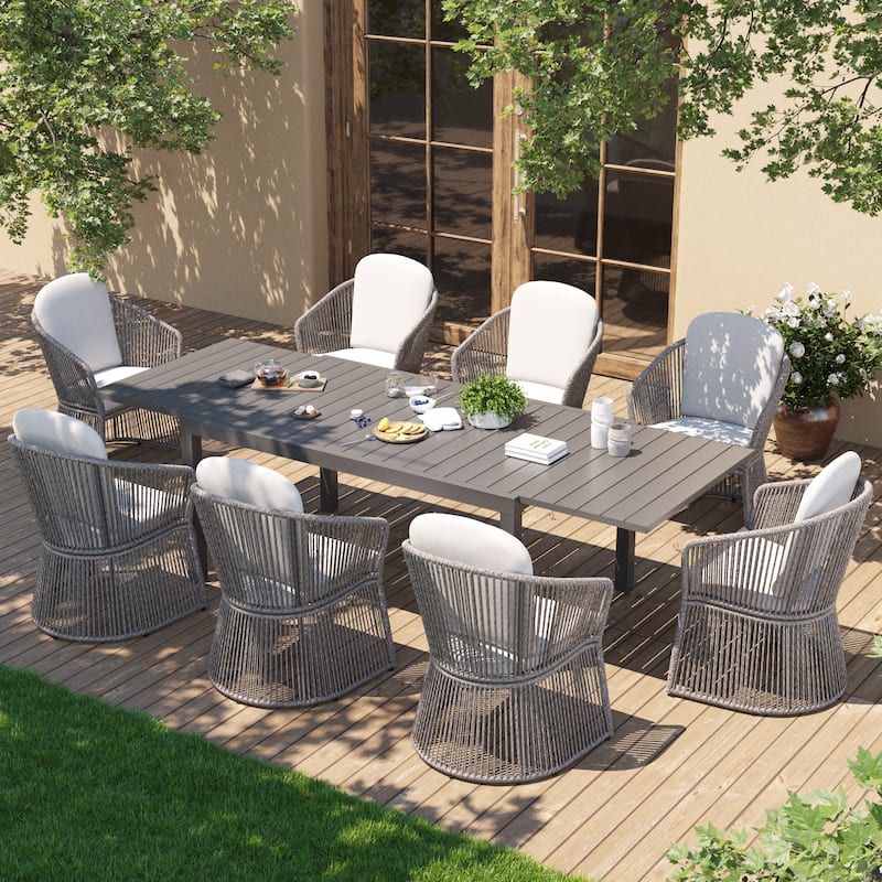 Outdoor Patio Dining Sets with Rattan Chairs and Aluminum Extendable Dining Table for 8 Persons