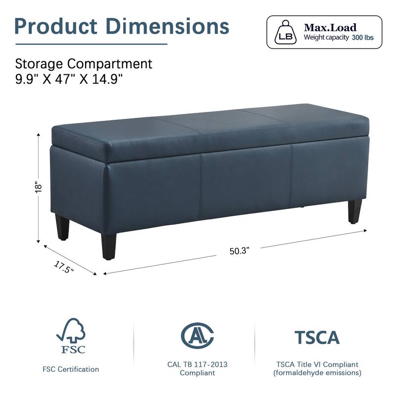 50.3" x 17.50" x 18" Upholstered Rectangular Storage Ottoman-Faux Leather