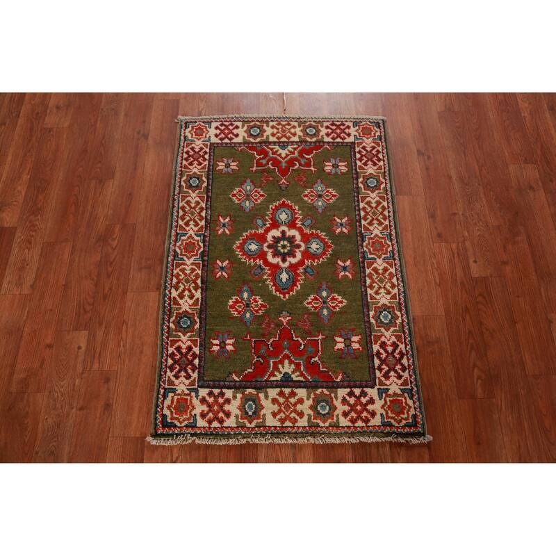 Green Kazak Oriental Foyer Rug Geometric Hand-Knotted Wool Carpet - 2'0"x 3'0"