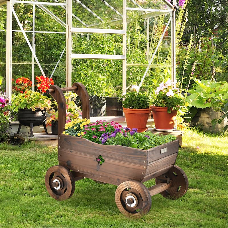Costway Decorative Wagon Cart Plant Flower Pot Stand Wooden Raised - 27'' x 15'' x 21'' (L x W x H)