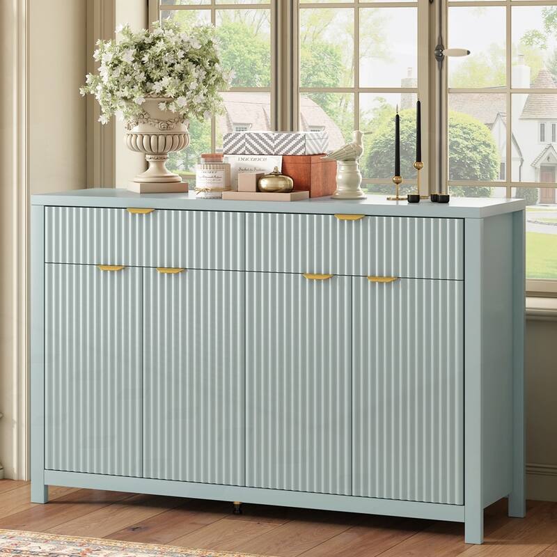 Wave-Pattern Sideboard Cabinet with 2 Drawers and 4 Doors - Cyan