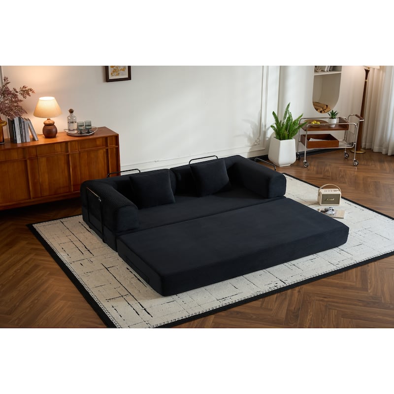 Convertible Sleeper Sofa Bed with Pillow, Corduroy Folding Mattress Couch with Fixed-Shape Frame, Floor Lounge Loveseat Sofa